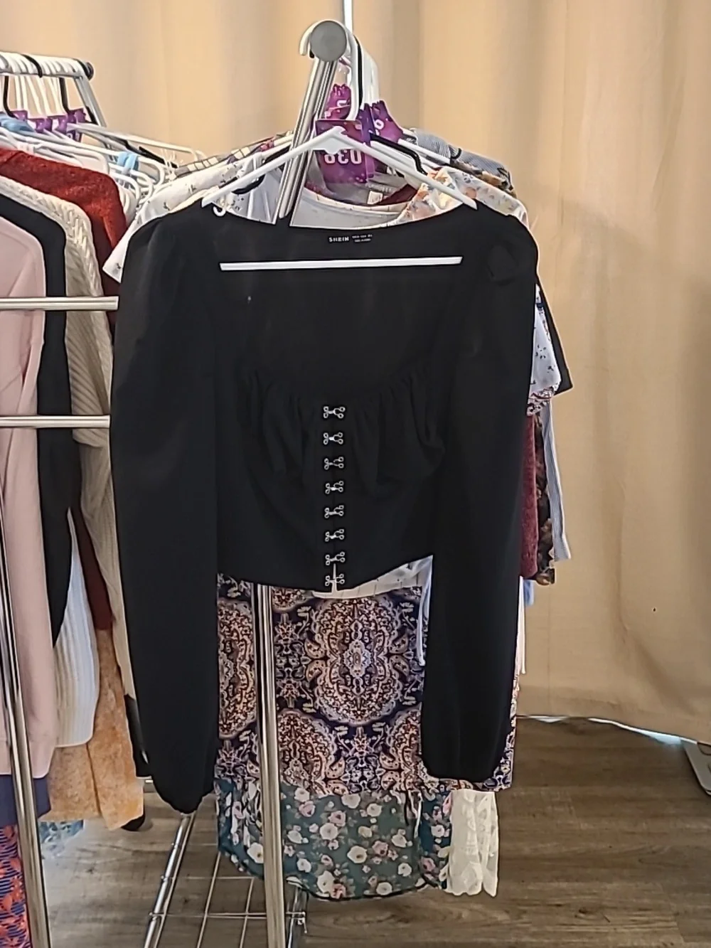#29 - Shein Black Peasant Sweetheart Long Sleeve Black Top, Med - Picture 3 of 12